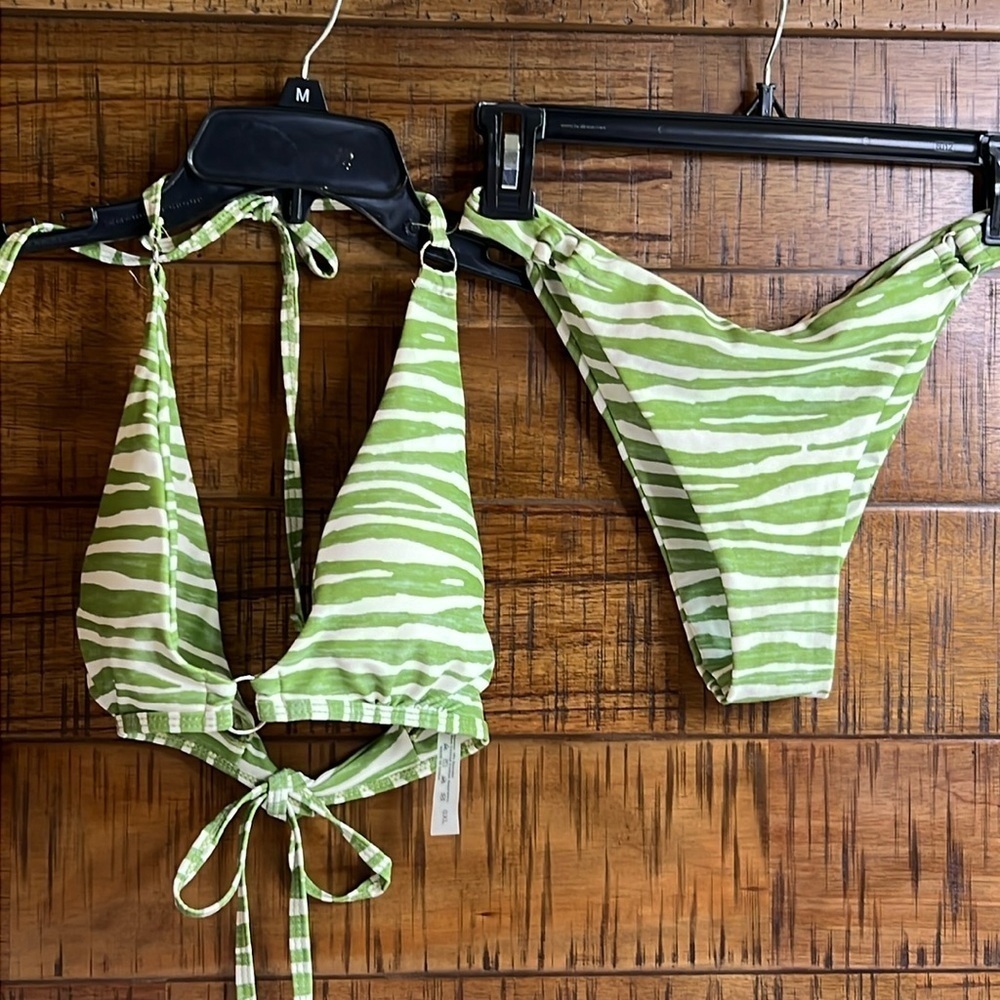 Green & White Zebra Print Halter Style Bikini Size XL / Medium